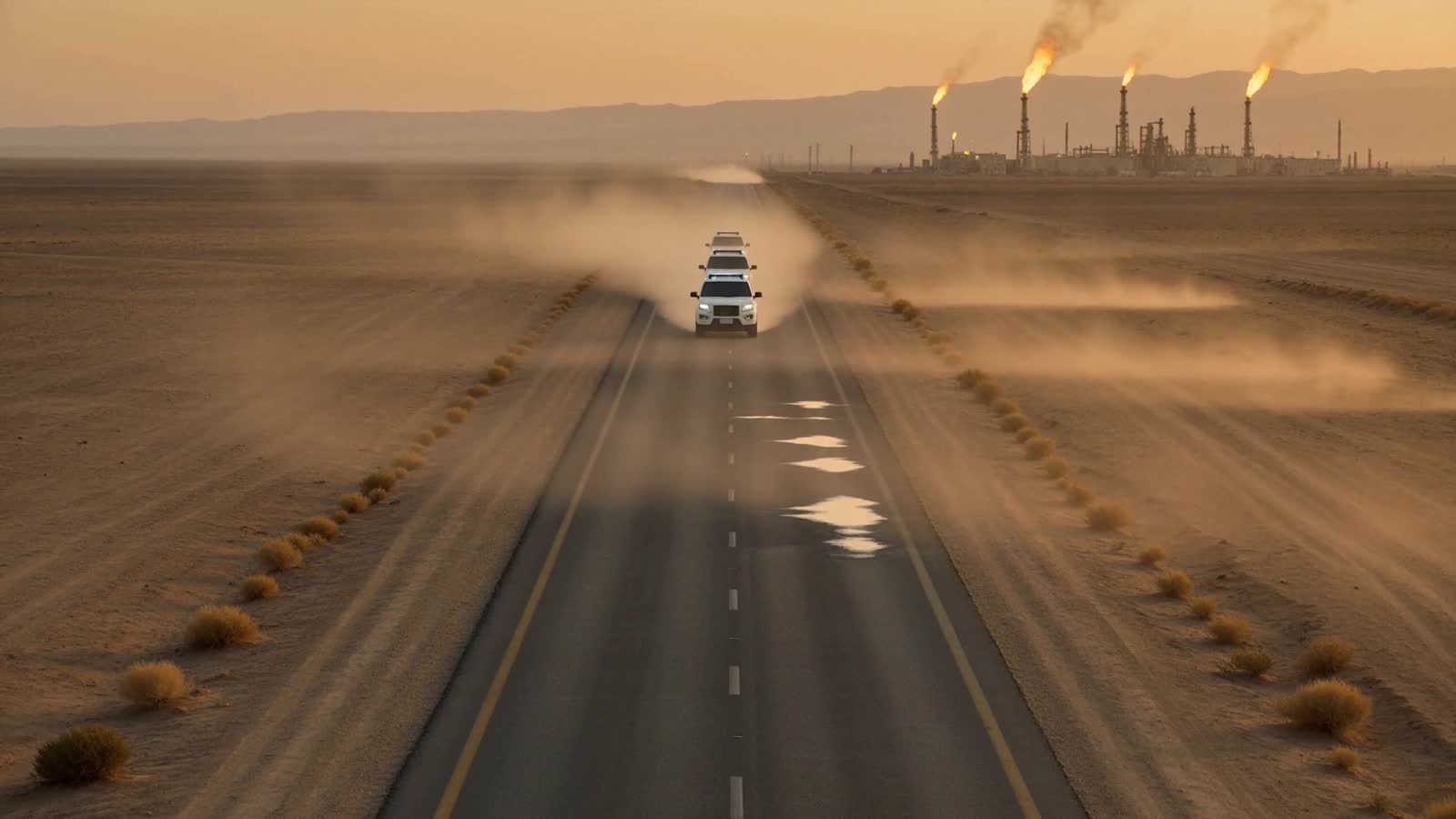 Konvoi auf einer Wüstenstraße, Gasfackeln am Horizont